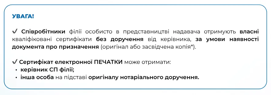 Увага! представники філії отримують власні сертифікати без доручення від керівника