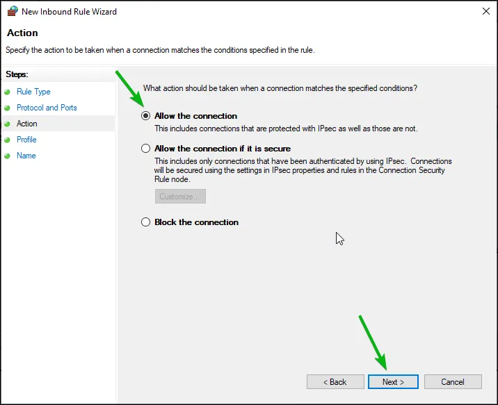 Дозволити з’єднання в Брандмауері для Захисника Windows