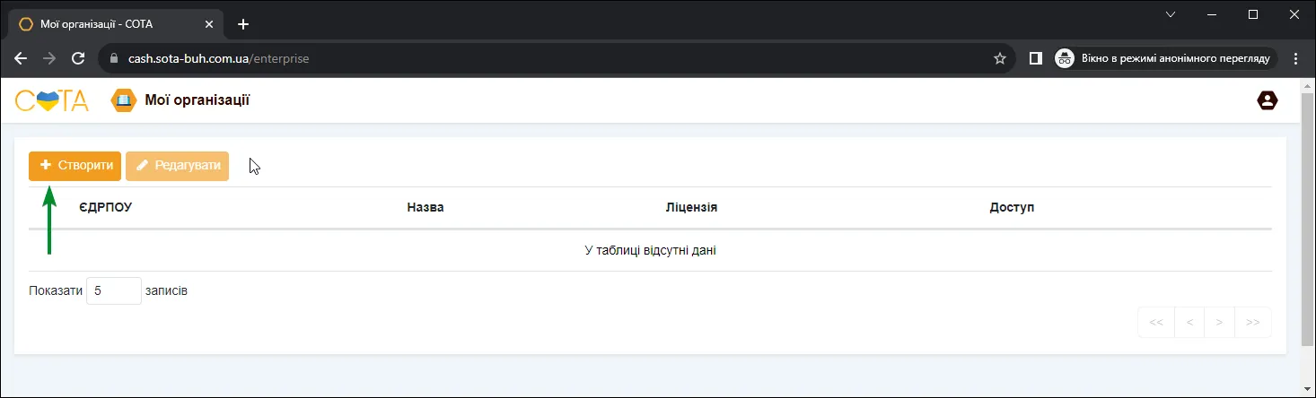 Форма створення організації в СОТА Каса